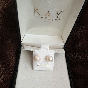 New Kay Jewelers 14K  Yellow Gold  Pearl Stud Earrings 7-8MM